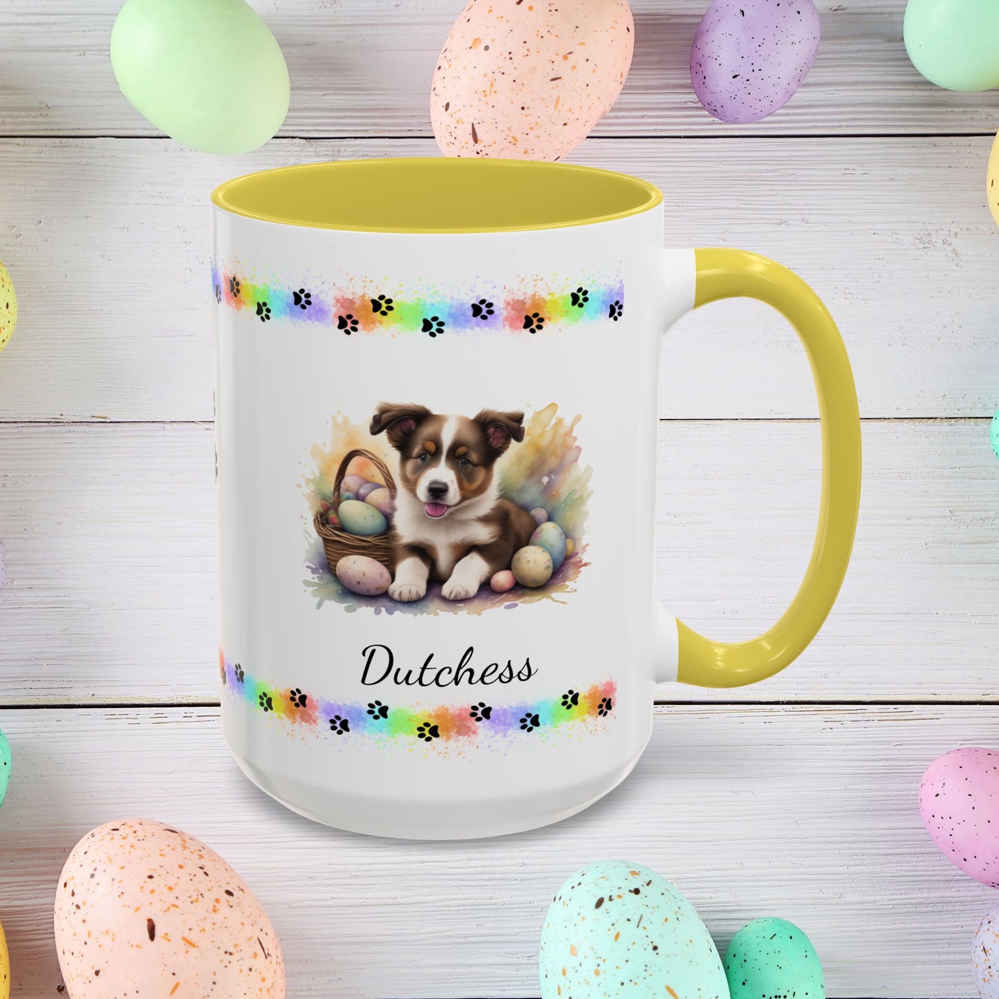 Border Collie Brown & White personalized Easter puppy mug, cute dog coffee cup, mental health awareness gift