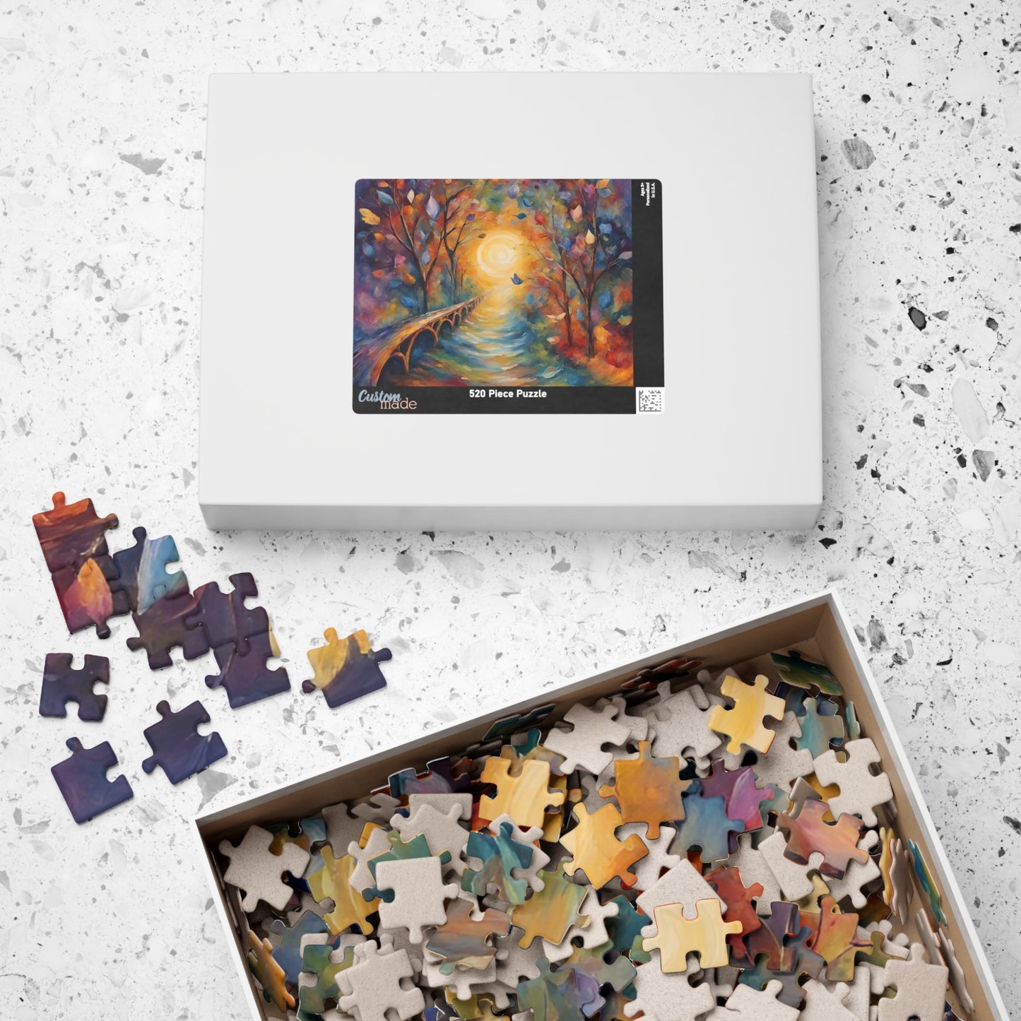 Bridge to Healing - Watercolor Landscape Puzzle with Glowing Path, Stone Bridge, and Colorful Floating Leaves