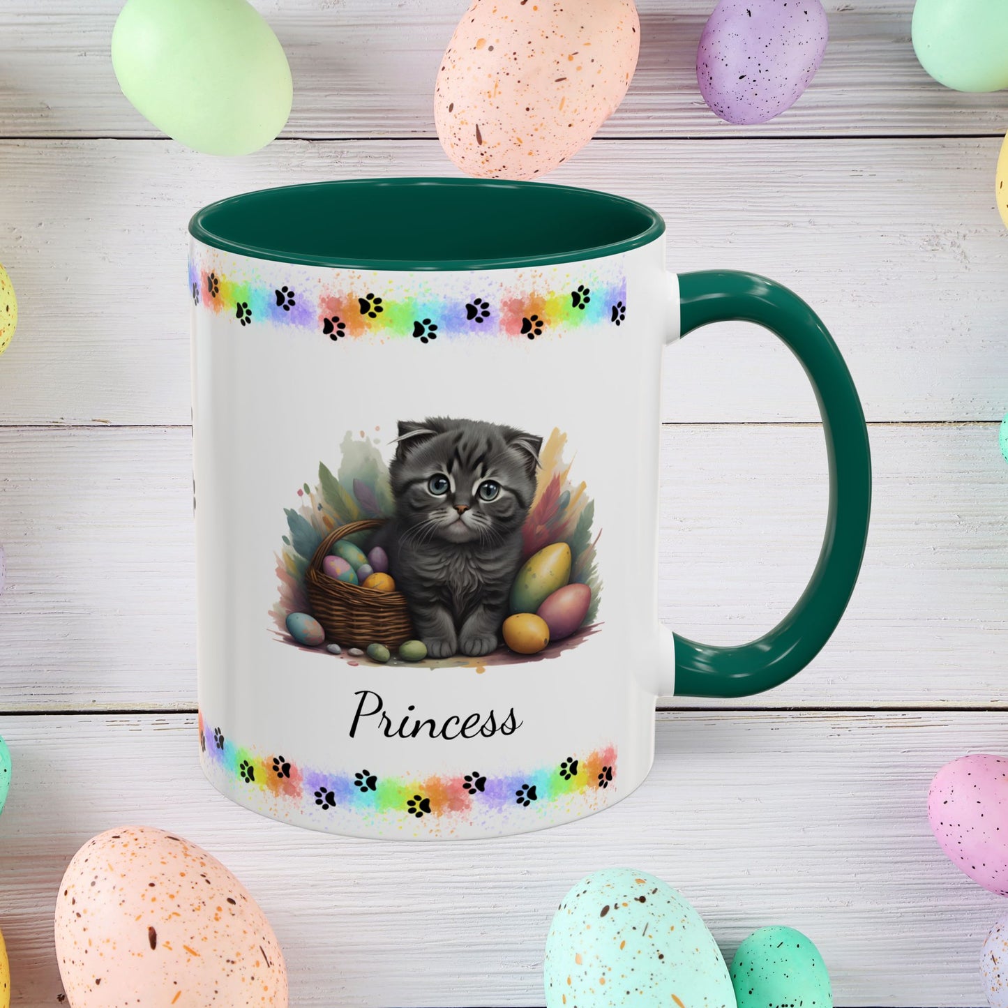 Scottish Fold Easter coffee mug, personalized kitten design, cute cat gift for mental health awareness