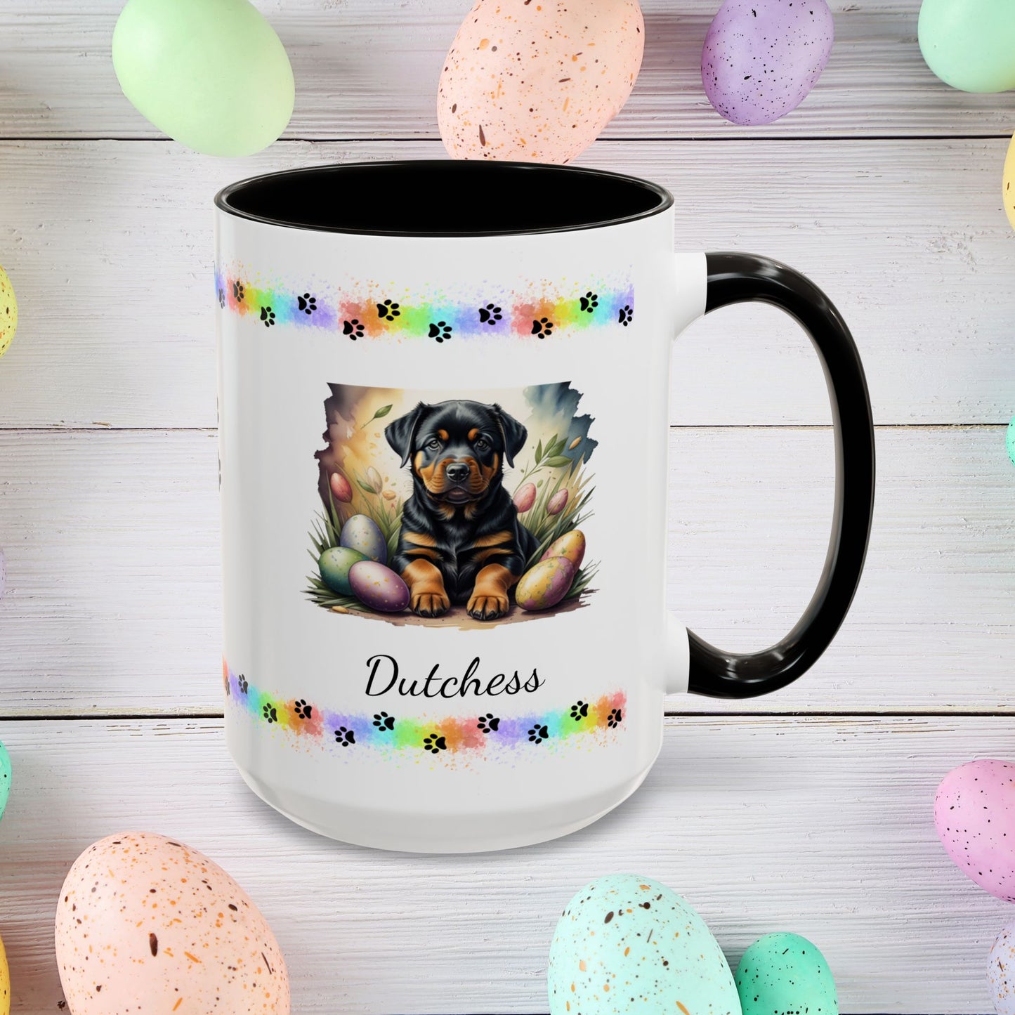Rottweiler Easter puppy coffee mug personalized dog design, thoughtful gift for self-care and mental health awareness.