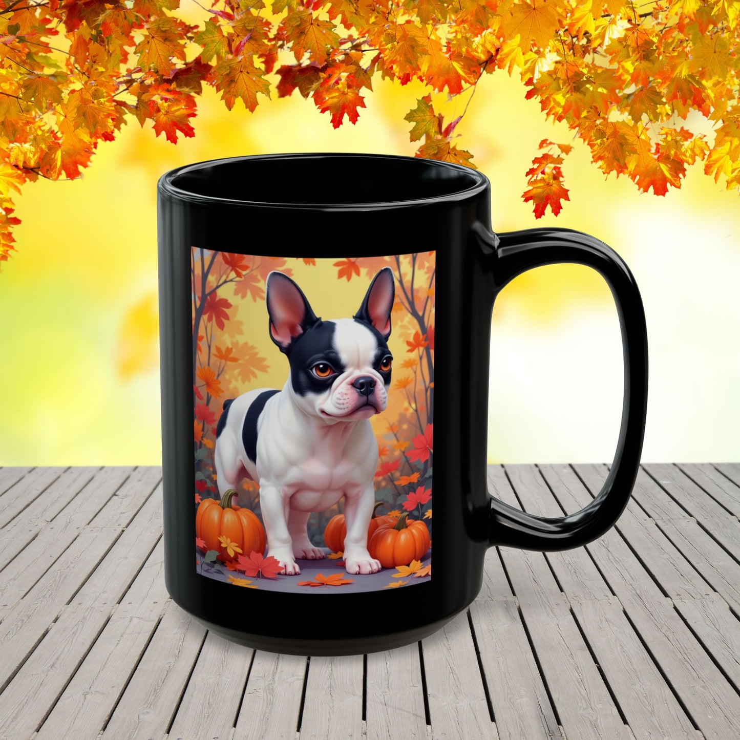 French Bulldog Black Pied - Autumn coffee mug, cozy seasonal dog lover gift for Frenchie parents