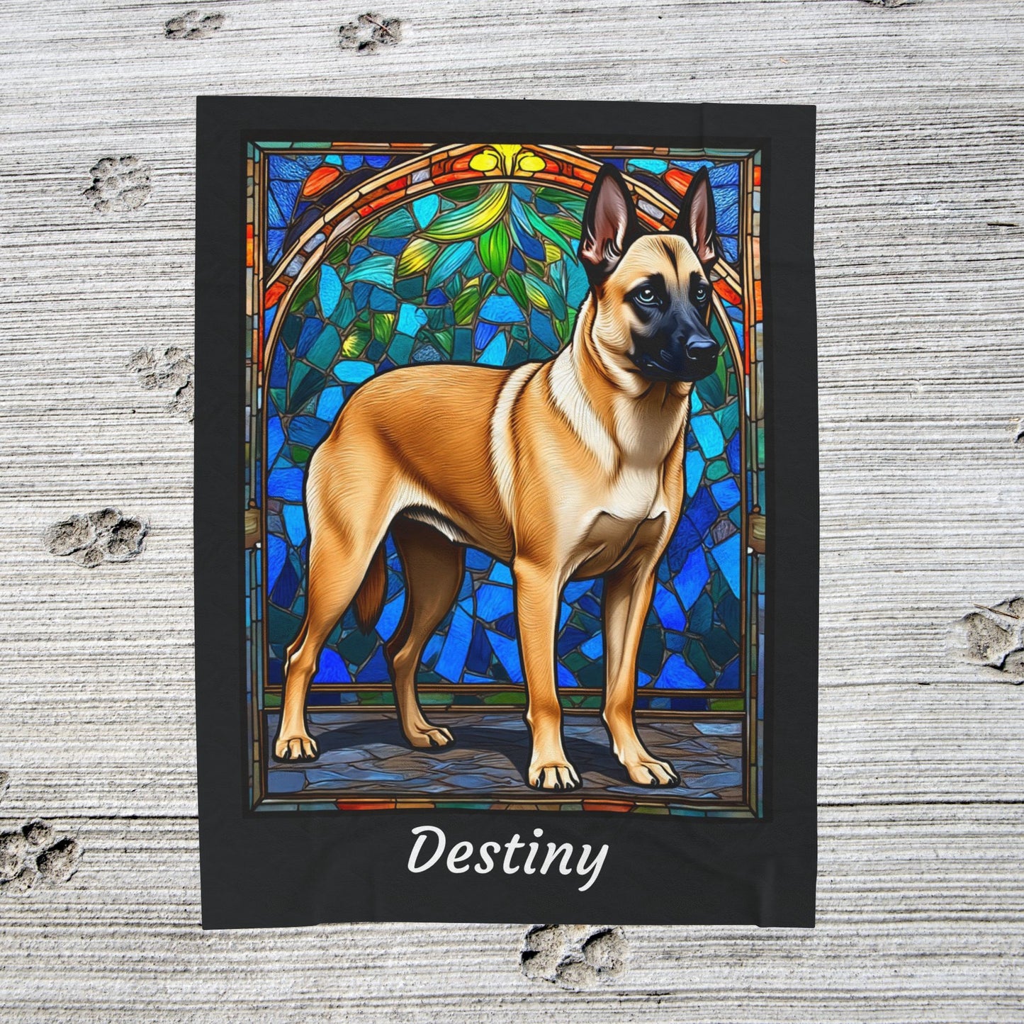 Belgian Malinois cream sable velveteen blanket, custom dog throw, personalized stained glass gift - MySisterIsASurvivor