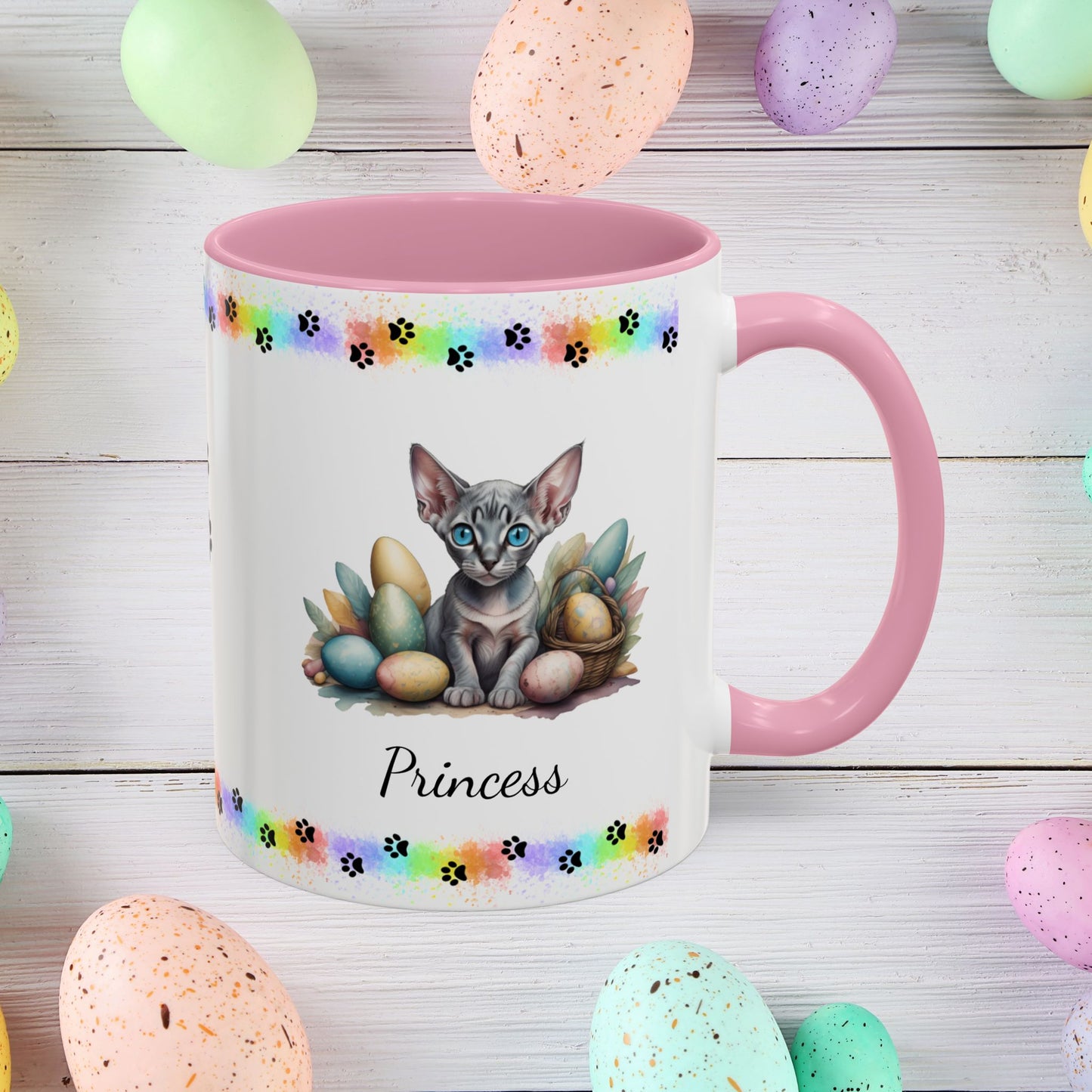 Sphynx personalized Easter coffee mug, adorable kitten design, cute cat gift for mental health support