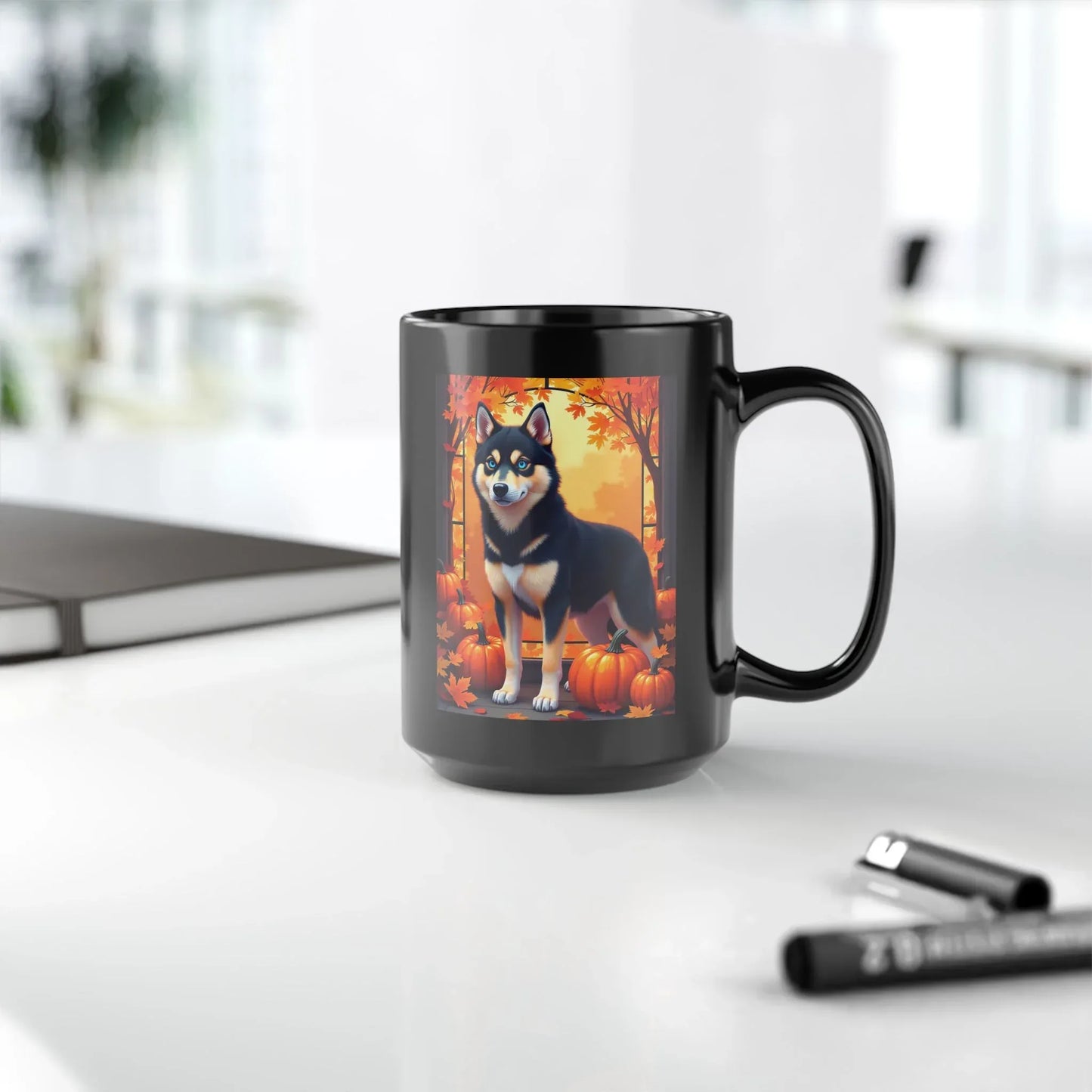 Shop our premium black and tan husky blue eyes autumn black mug from MySisterIsASurvivor.