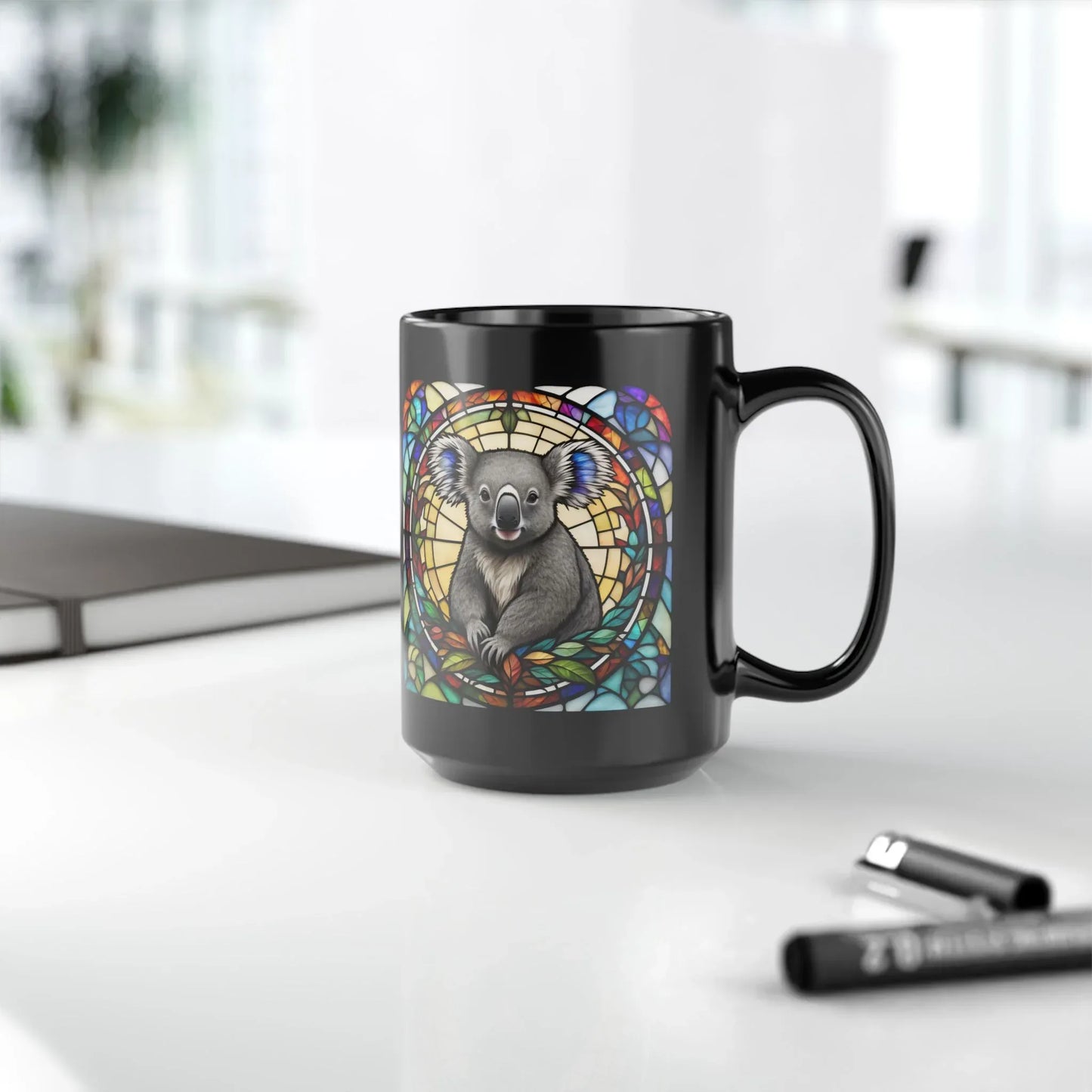 Shop our premium koala stained glass zoo animals ceramic black mug from MySisterIsASurvivor.