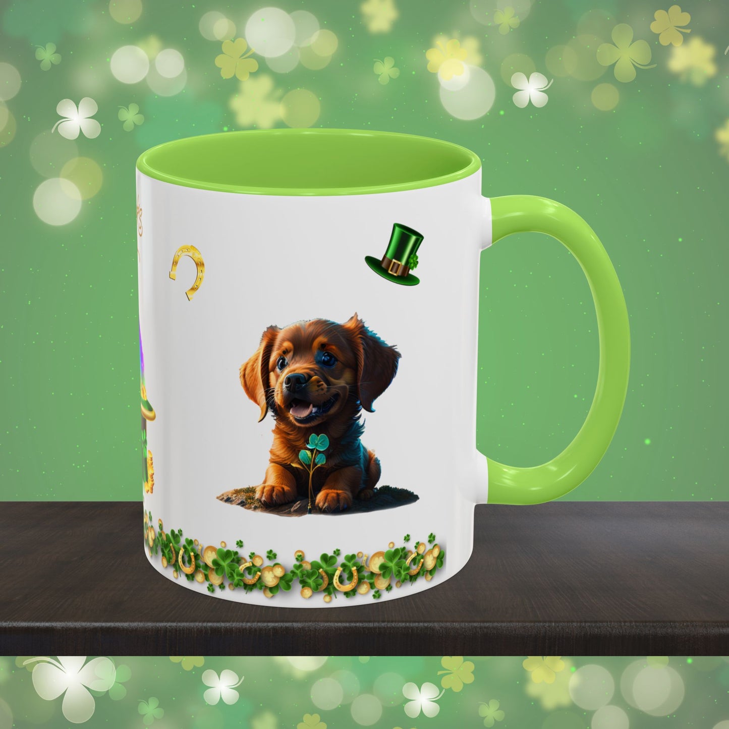 Shamrock Serenity Puppy: St. Patrick's Day Two-Tone Coffee Mug - Festive Ceramic Mug for Positivity & Mindfulness
