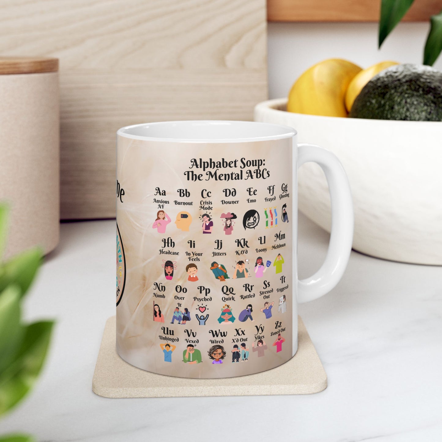 Personalized Alphabet Soup Mug with A to Z Mental Health Slang in bold colors, perfect for therapy support and self-care routines.