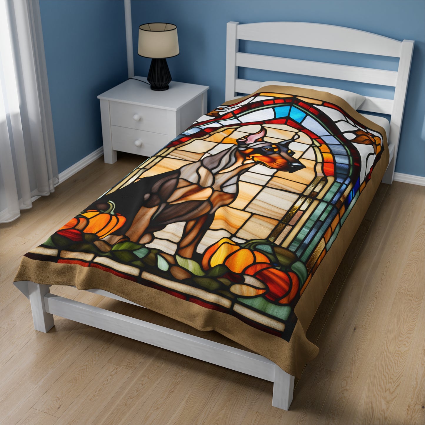Doberman velveteen plush blanket featuring stained glass dog design, perfect cozy throw for Doberman fans