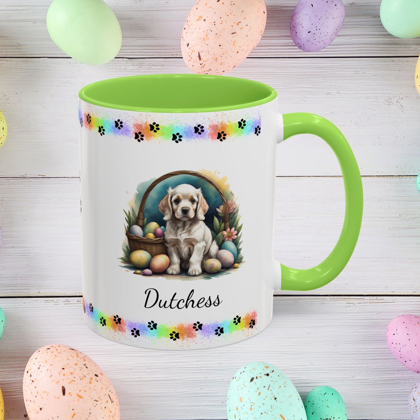 Cocker Spaniel Light Gold personalized Easter puppy mug, cute dog coffee cup gift for mental health awareness