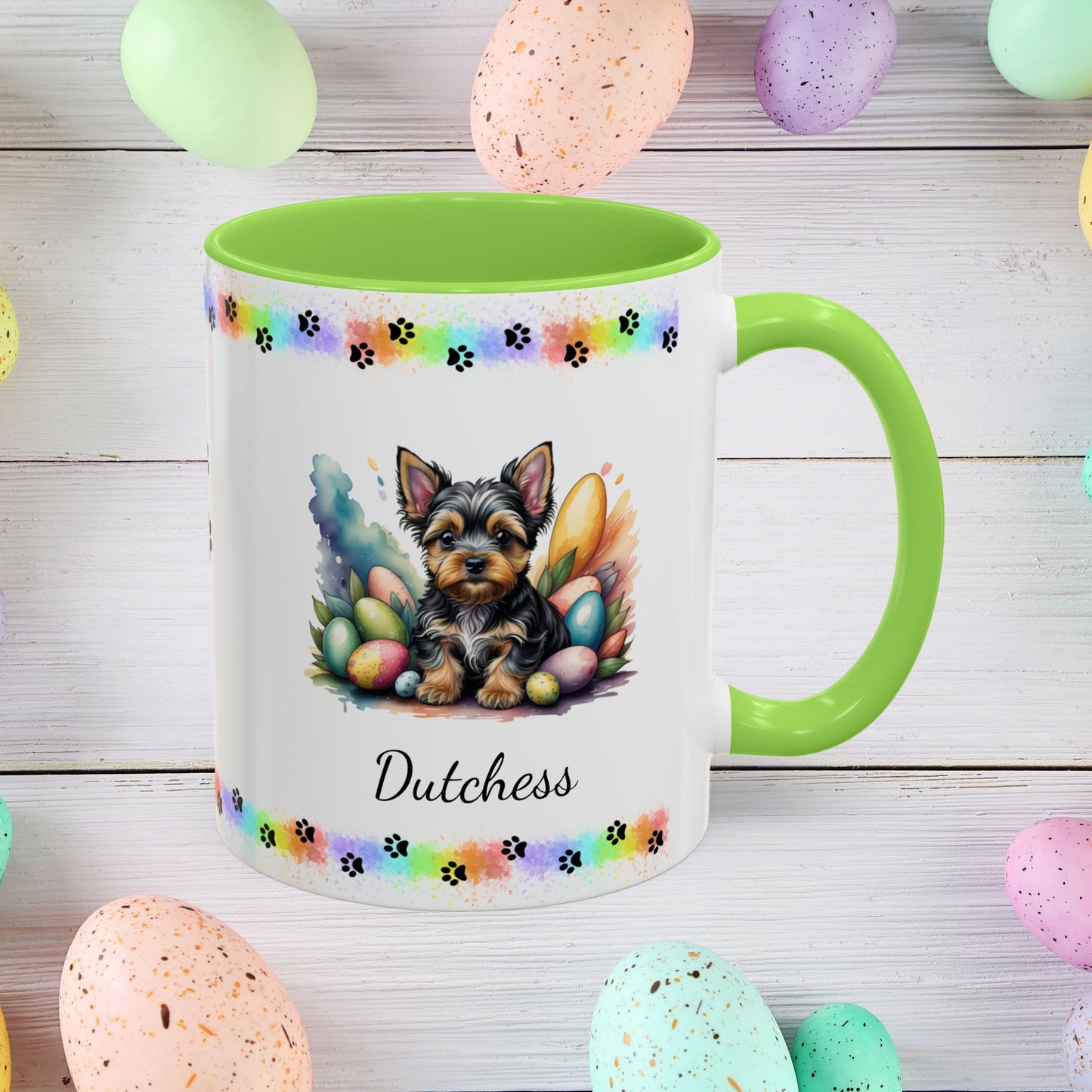 Yorkshire Terrier Easter puppy coffee mug personalized dog gift, perfect for mindfulness, self-care, and spring positivity.
