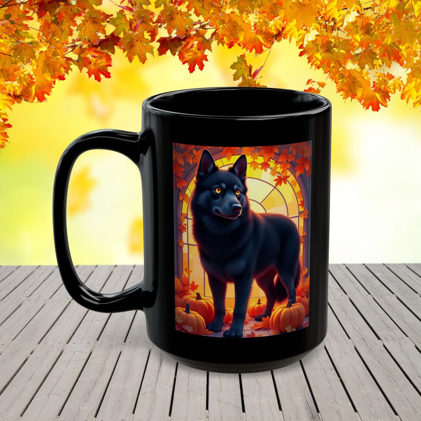 Black Siberian Husky (Amber Eyes) autumn coffee mug, personalized seasonal Husky gift for dog lovers