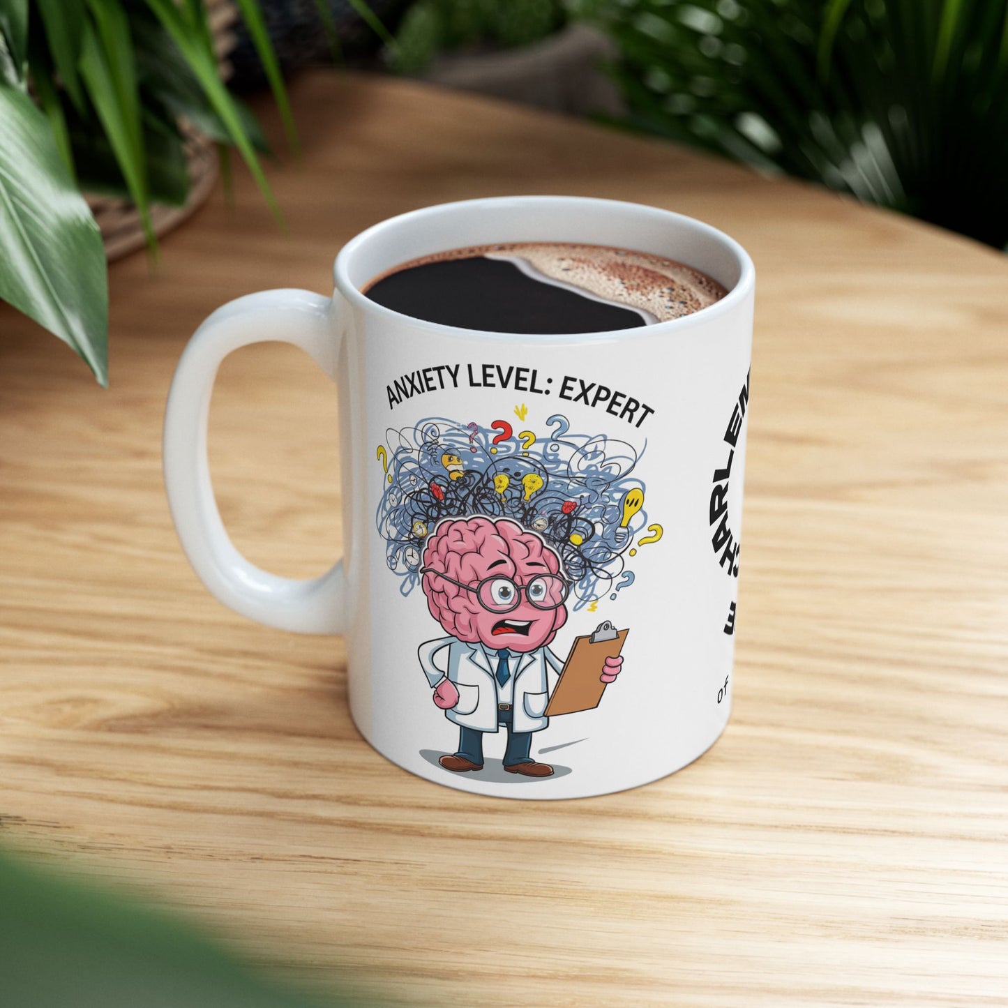 "Anxiety Level: Expert" funny mental health mug with affirmations for anxiety relief and self-care.