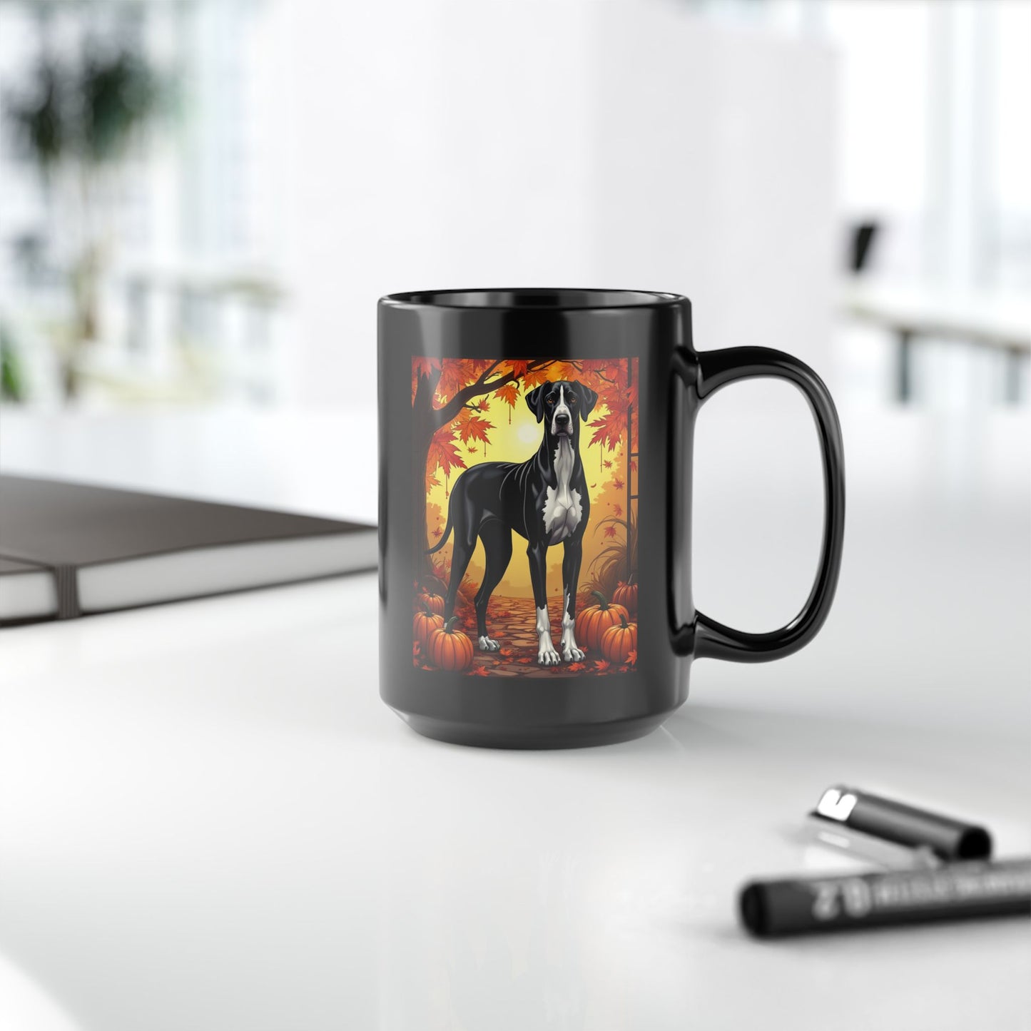 Great Dane Mantle - Autumn black mug, fall coffee cup for dog moms and seasonal Great Dane gift