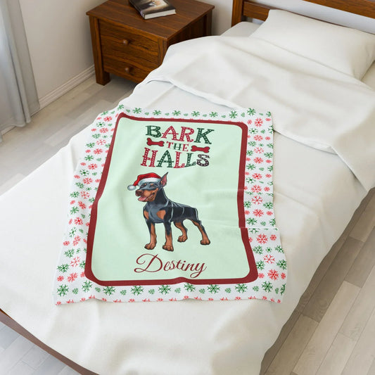 Shop our doberman pinscher blue rust personalized velveteen plush blanket bark the halls featuring the 50" × 60" style option from MySisterIsASurvivor.