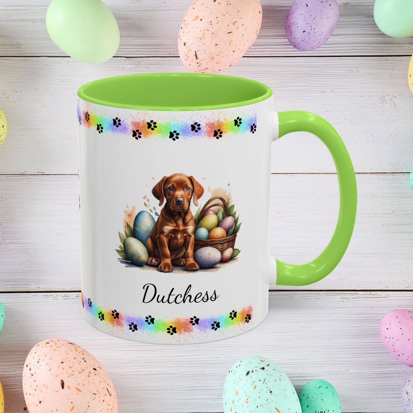 Vizsla Easter puppy coffee mug personalized adorable dog lover gift, great for mindful self-care and Easter gifting.
