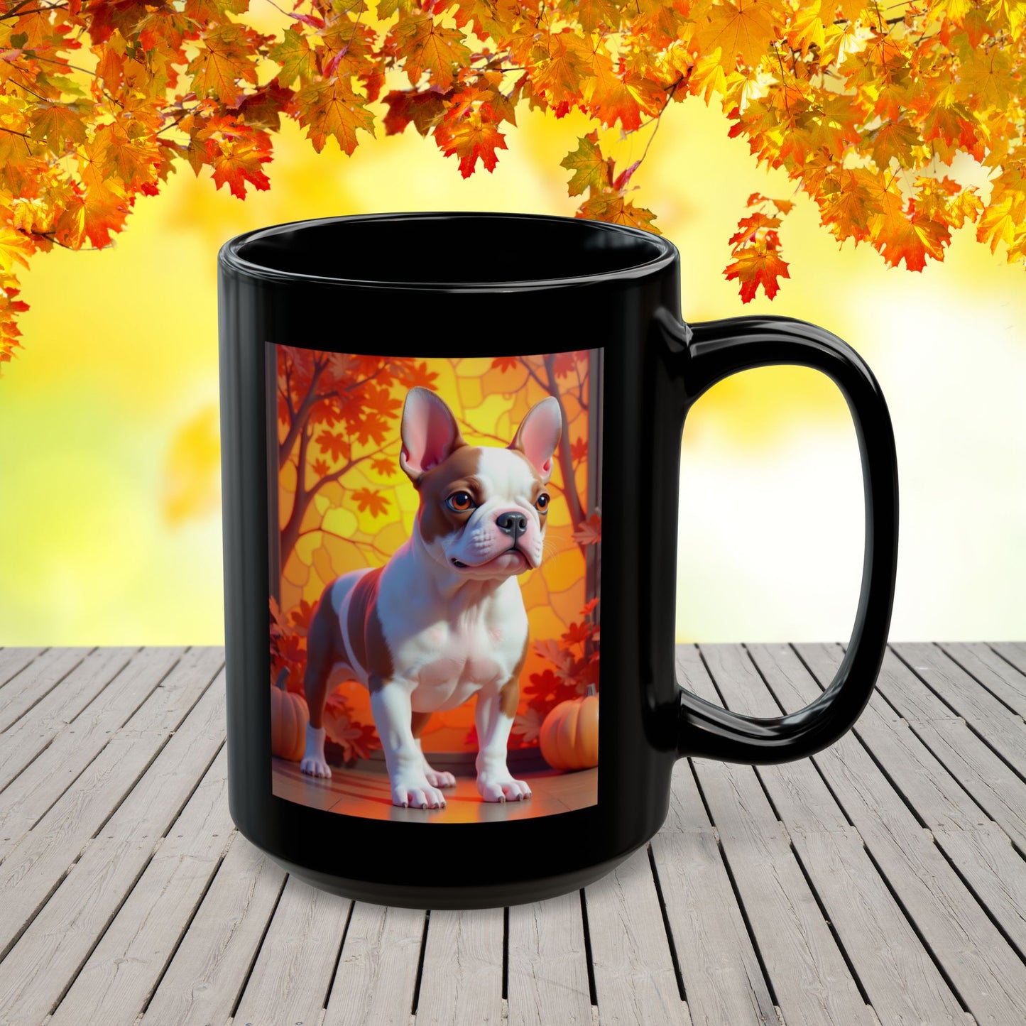 French Bulldog Red Pied - Autumn black mug, seasonal Frenchie lover gift for dog moms and dads