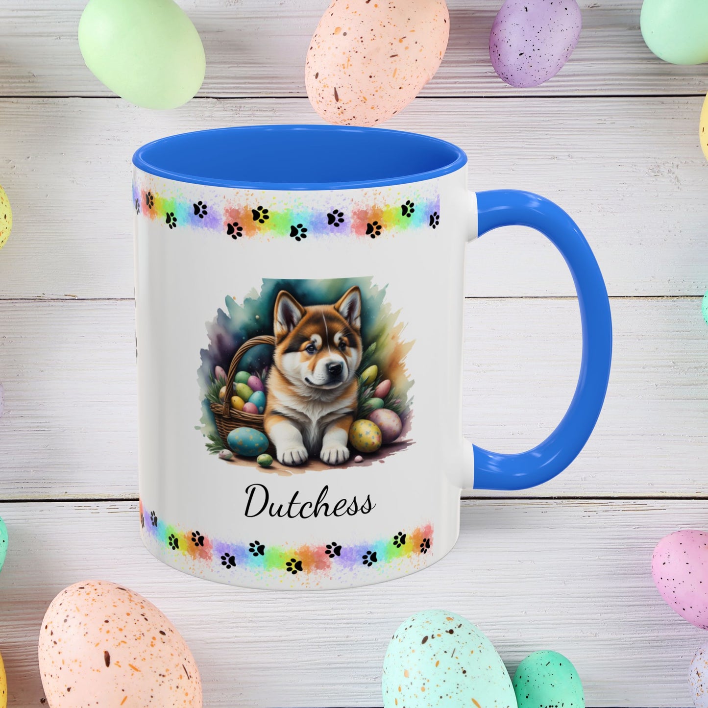 Akita personalized Easter puppy mug, cute dog coffee cup gift for mental health awareness and cozy sipping