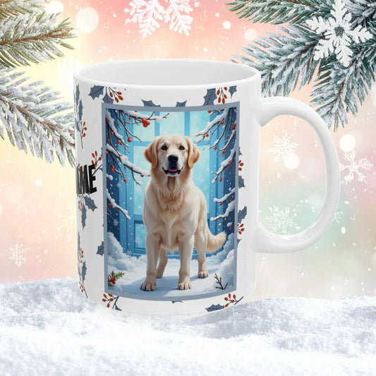 Shop our golden retriever white winter lodge mug featuring the 15oz style option from MySisterIsASurvivor.