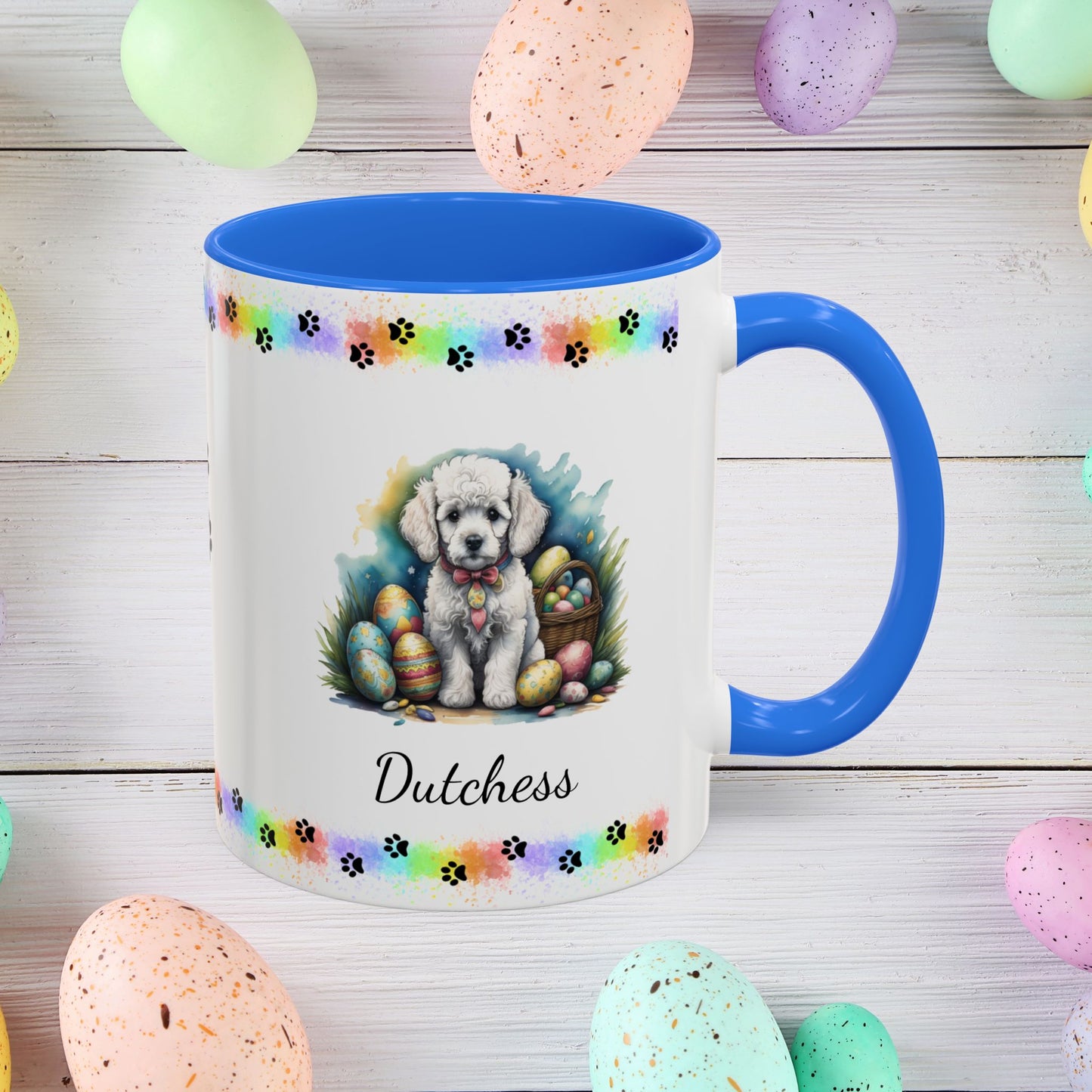 White Poodle Easter puppy coffee mug with custom dog design, perfect Easter gift for pet owners and mental wellness support.