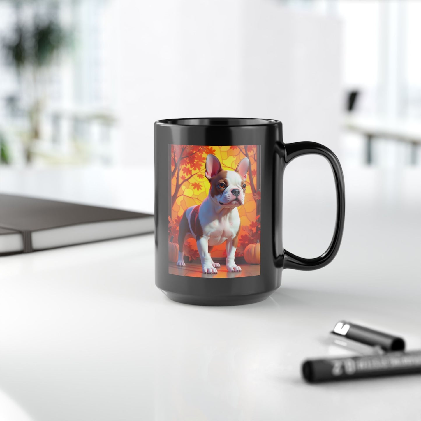 French Bulldog Red Pied - Autumn black mug, seasonal Frenchie lover gift for dog moms and dads