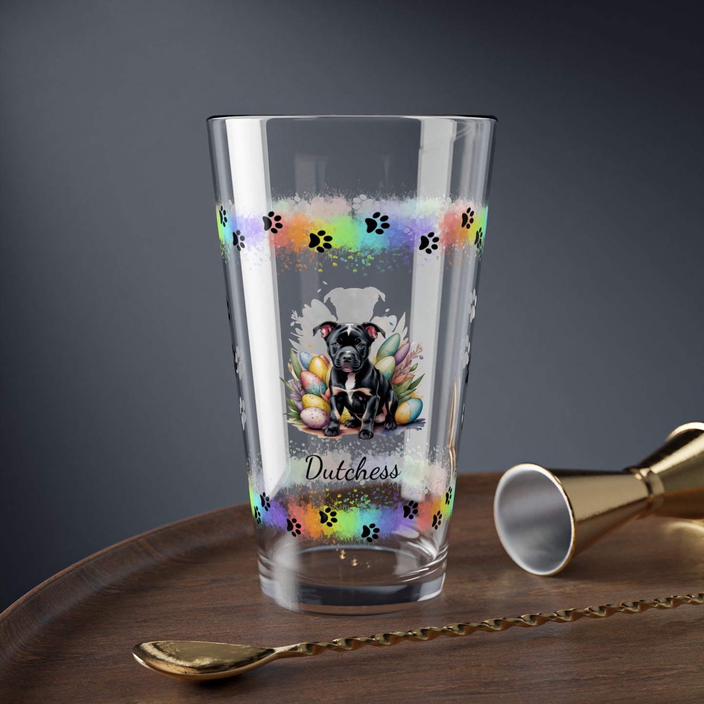 Pitbull (Black) Personalized Easter Puppy 16oz Pint Glass - Custom Dog Design, Mental Health Gift, Easter Décor, and Festive Celebrations