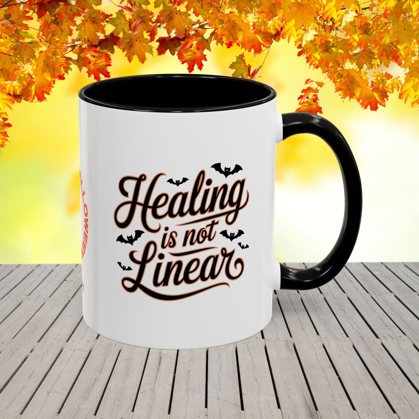 Personalized Halloween self-care mug with “Healing Is Not Linear” quote, mental health awareness gift with custom name.