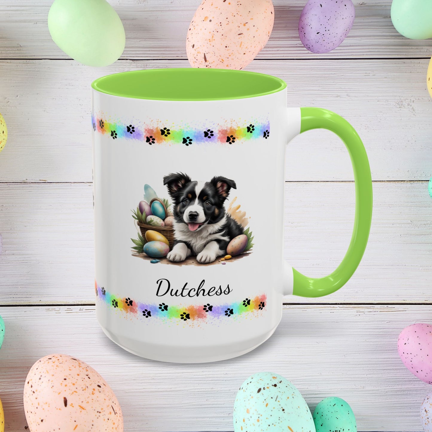 Border Collie Black & White Easter puppy coffee mug, personalized cute dog gift for mental health support