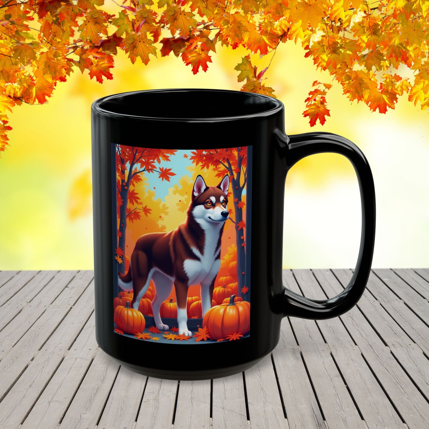 Dark Red & White Husky (Amber Eyes) autumn mug, personalized coffee cup for Husky parents and dog lovers