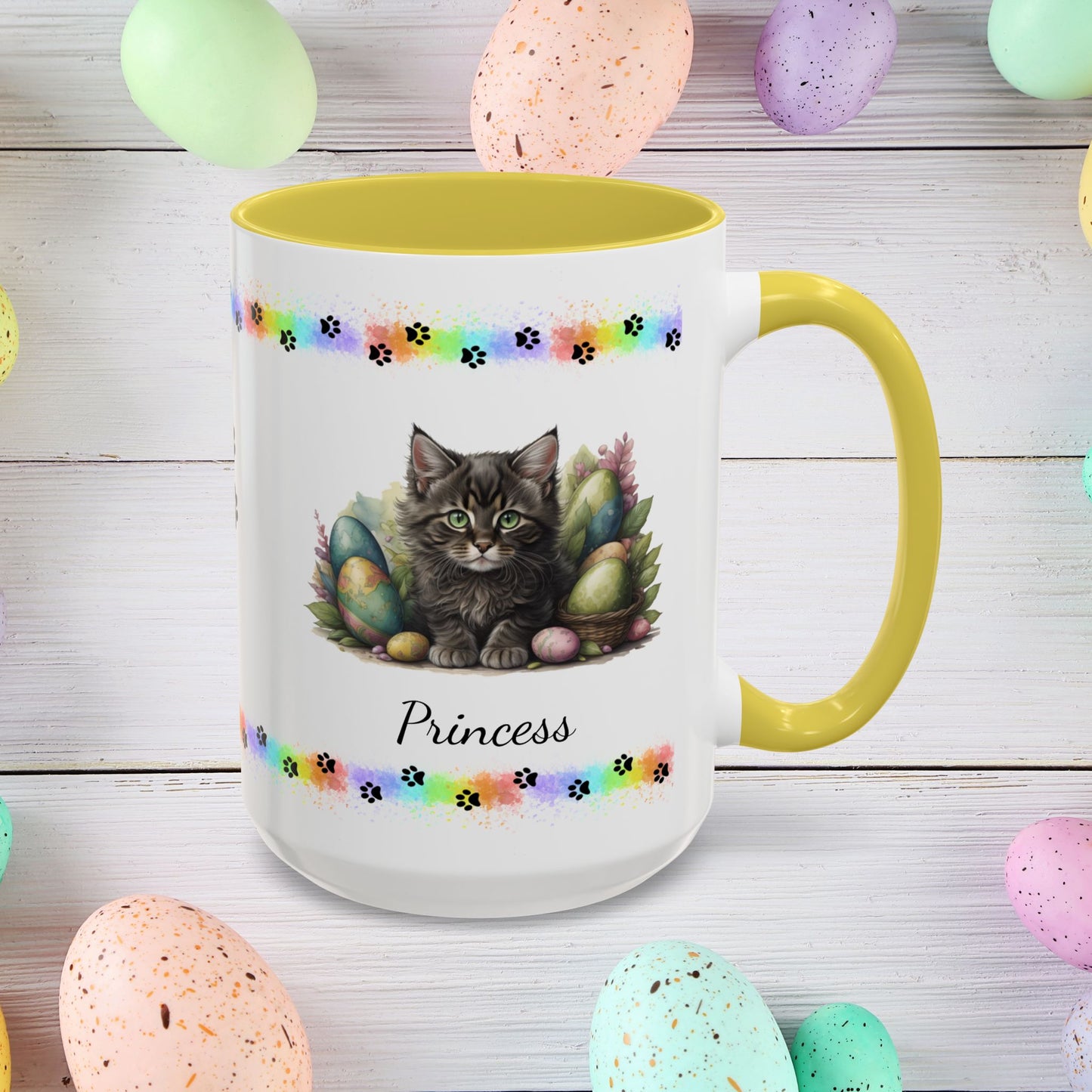 Maine Coon Easter kitten mug, personalized cute cat coffee cup, gift for mental health support and comfort