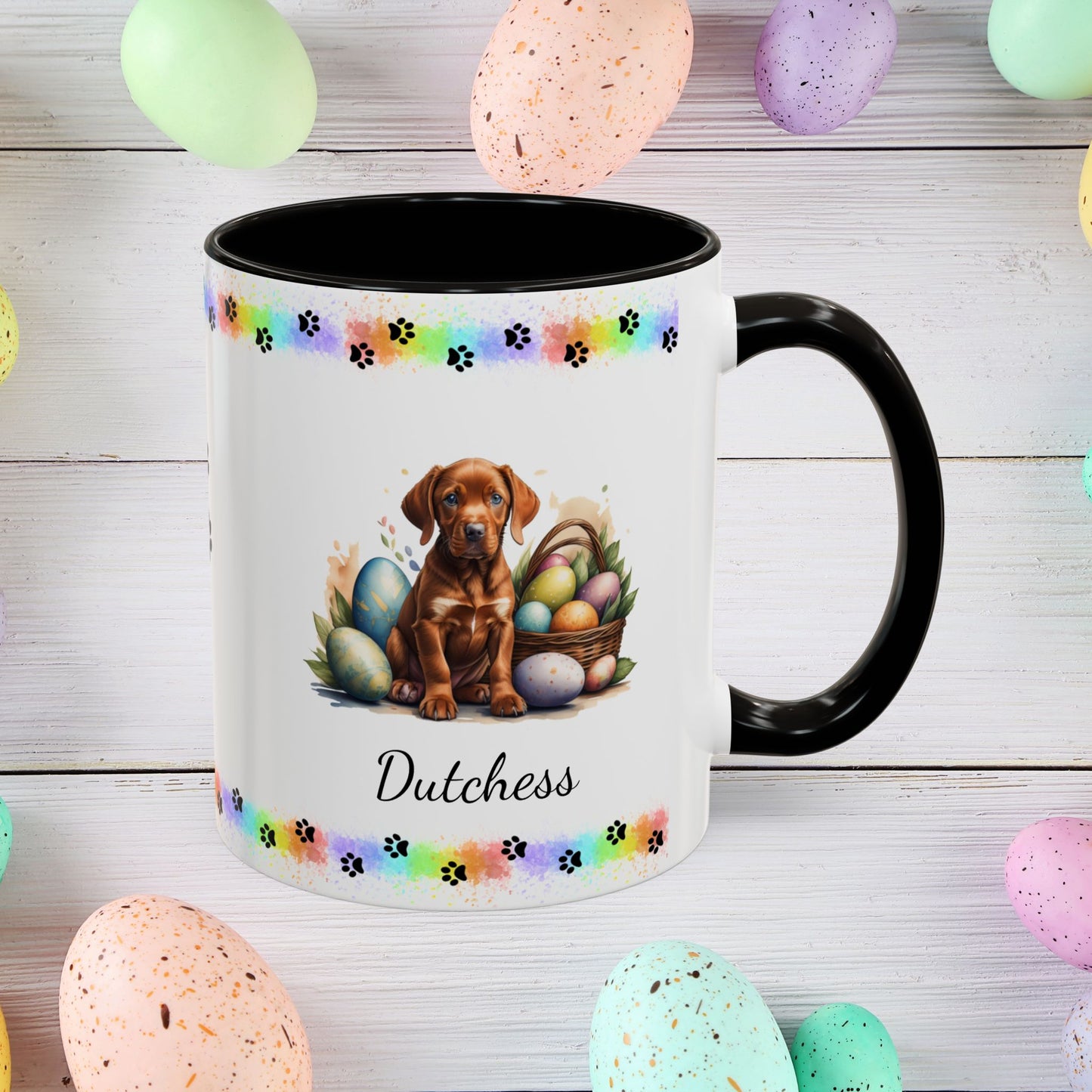 Vizsla Easter puppy coffee mug personalized adorable dog lover gift, great for mindful self-care and Easter gifting.