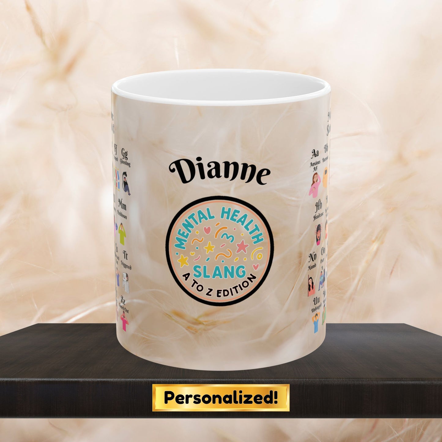 Mental Lexicon Mug with A-Z therapy slang, customizable for personal or professional mental health awareness use.