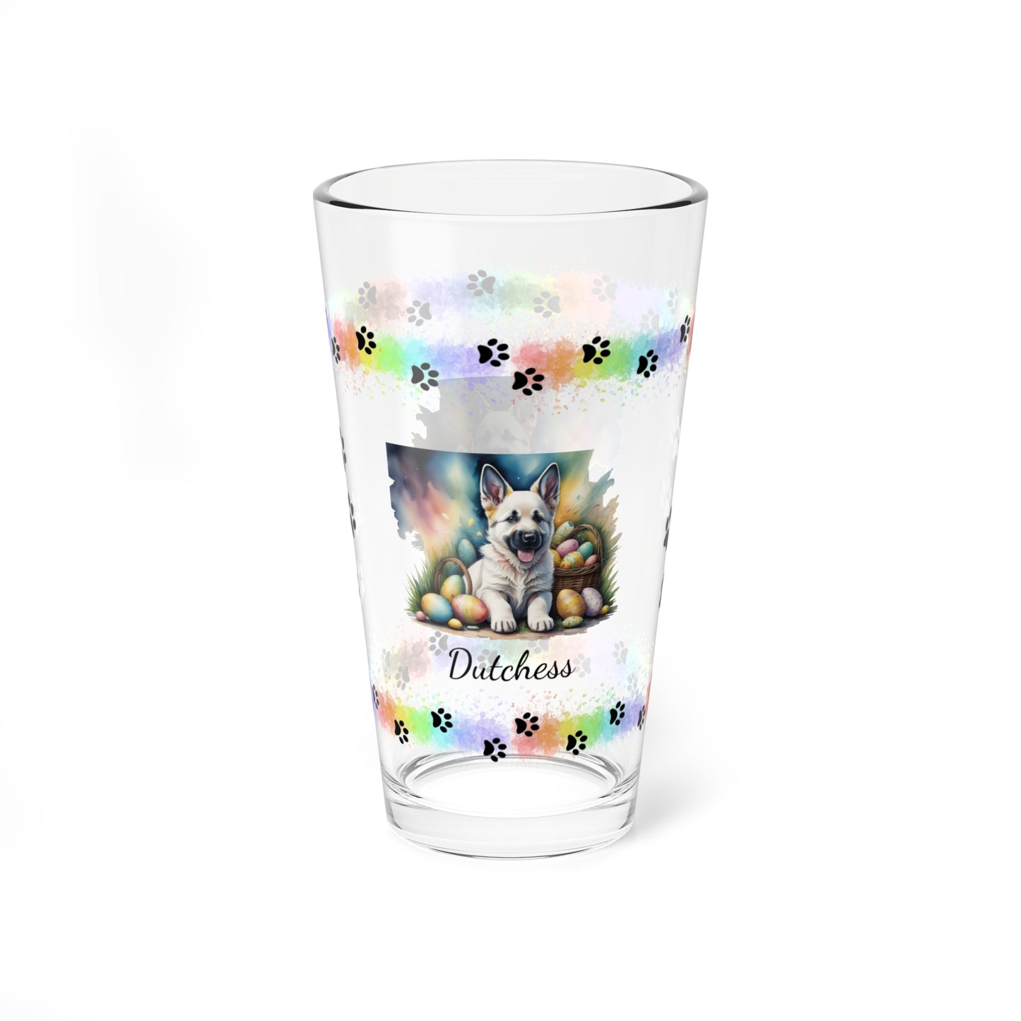 German Shepherd (White) Personalized Easter Puppy 16oz Pint Glass - Custom Dog Design, Mental Health Gift, Easter Décor, and Festive Celebrations