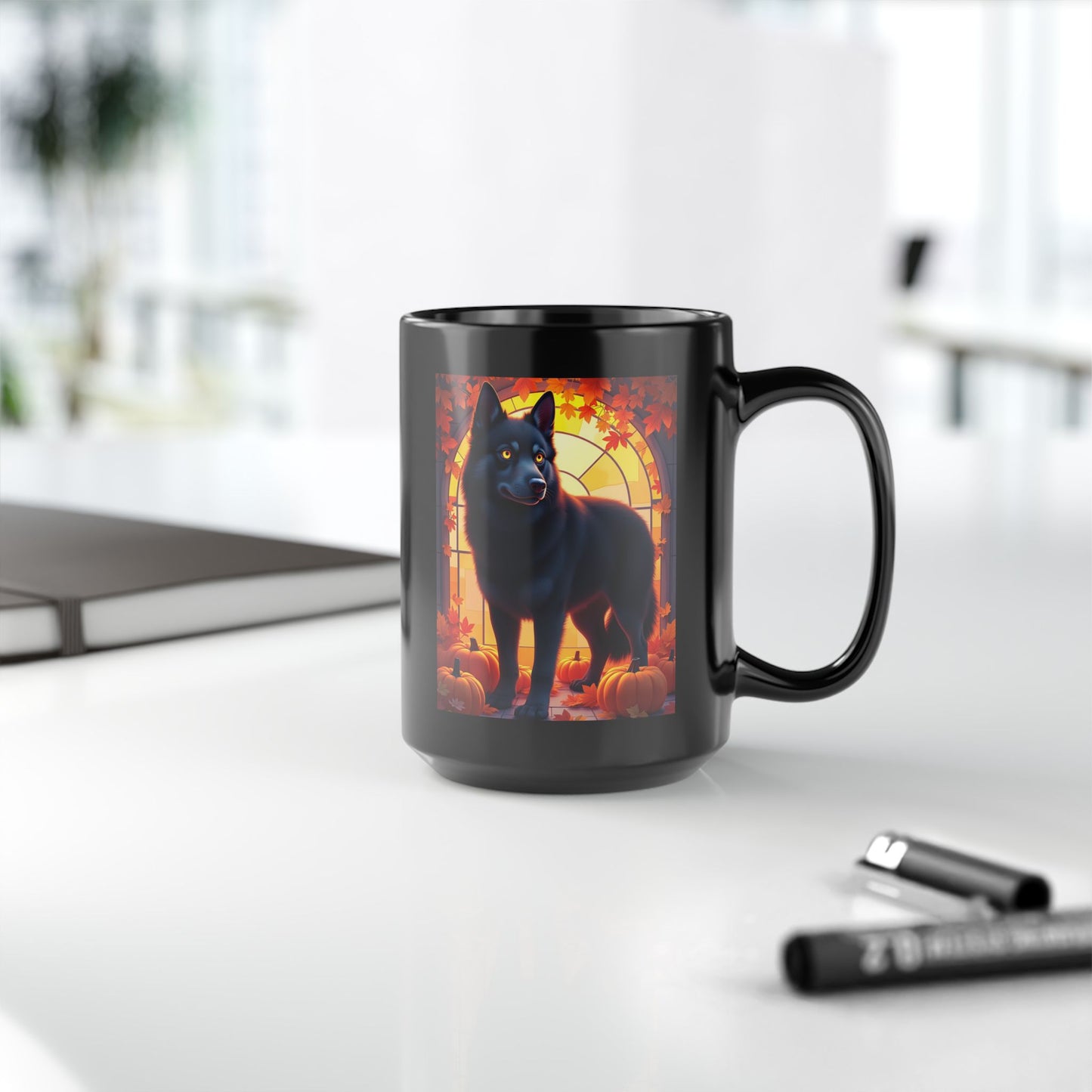 Black Siberian Husky (Amber Eyes) autumn coffee mug, personalized seasonal Husky gift for dog lovers