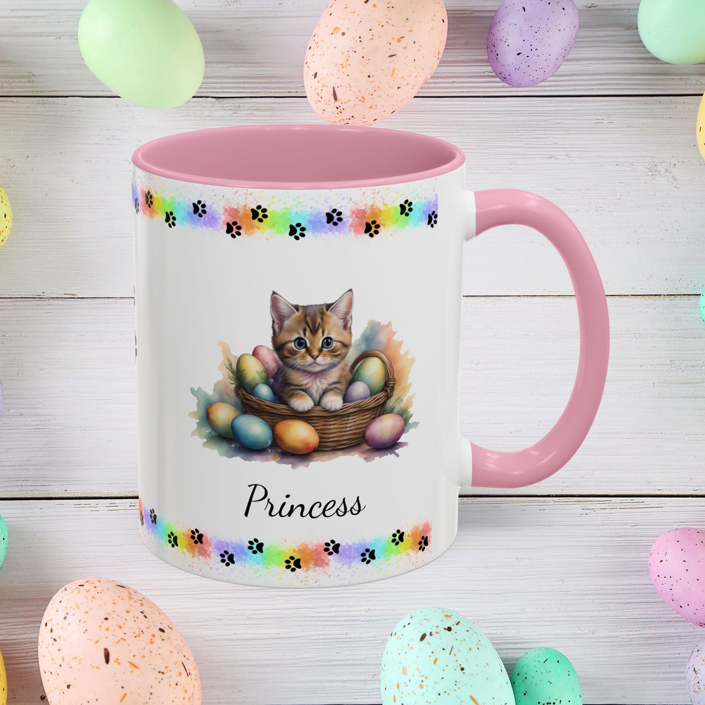 Munchkin personalized Easter coffee mug, cute kitten design, mental health awareness gift for cat lovers