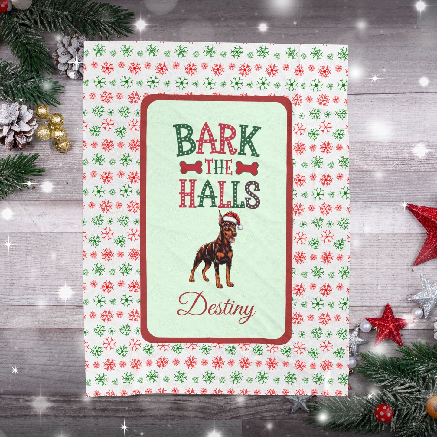Doberman Pinscher Red and Rust luxury velveteen dog lover throw Bark The Halls festive holiday blanket for Doberman owners