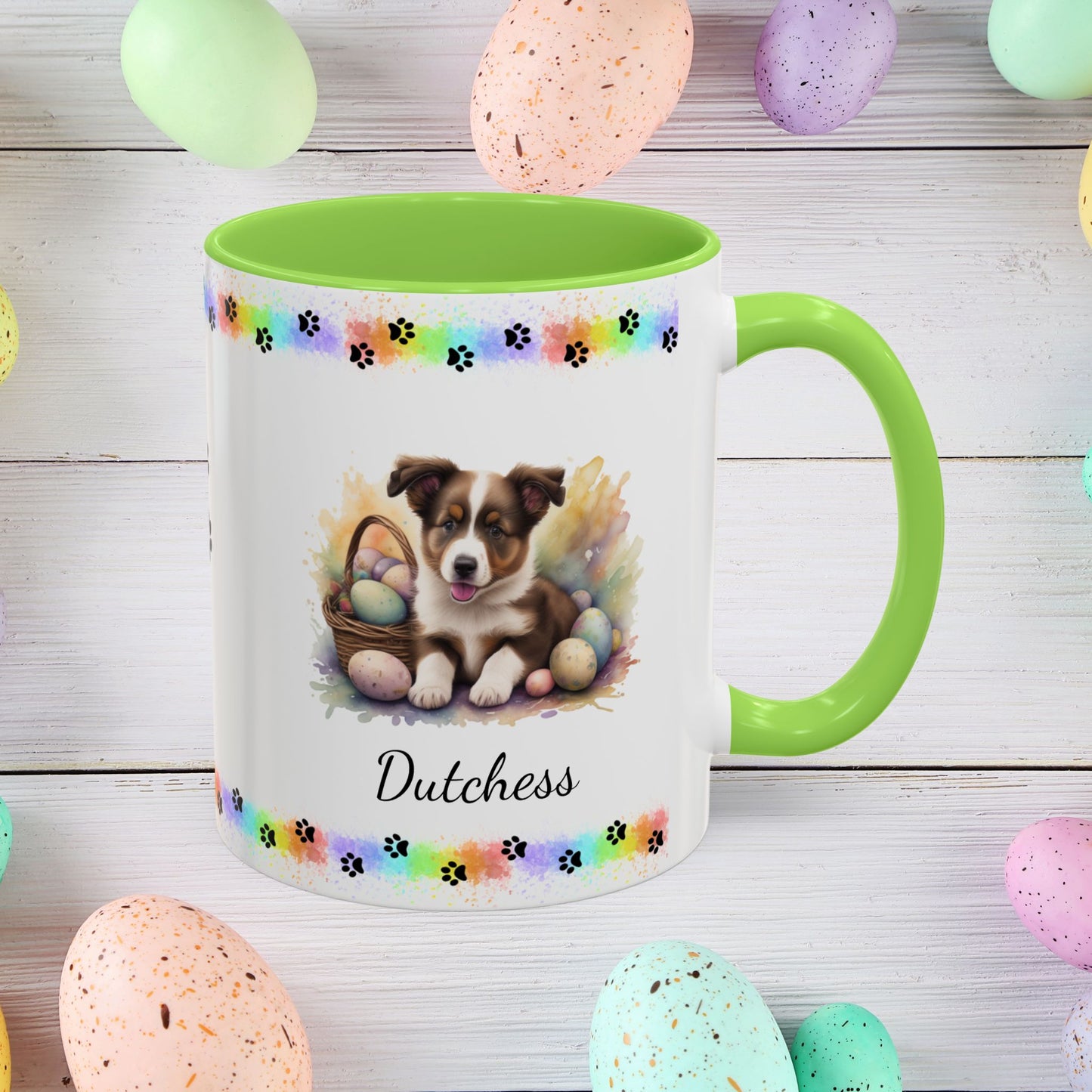 Border Collie Brown & White personalized Easter puppy mug, cute dog coffee cup, mental health awareness gift