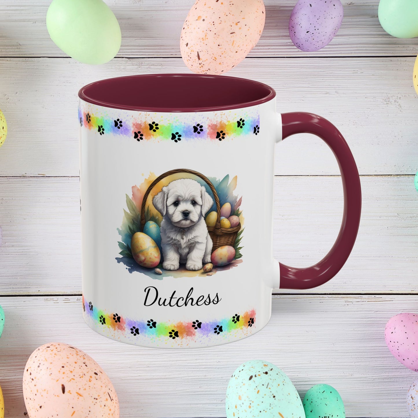 Bichon Frise personalized Easter puppy mug, cute dog coffee cup gift for mental health awareness and comfort