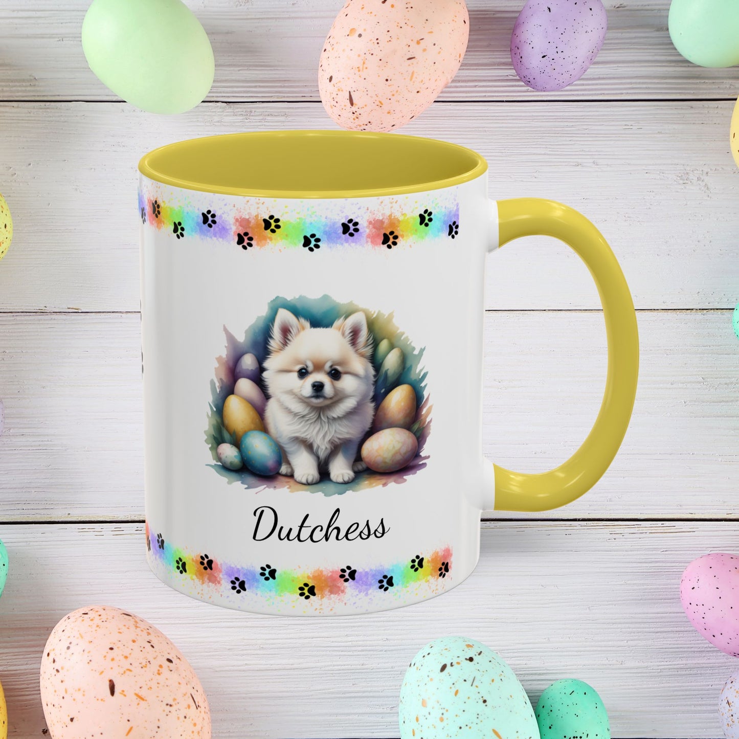Pomeranian White Easter puppy coffee mug, personalized cute dog coffee cup gift for mental health support and comfort
