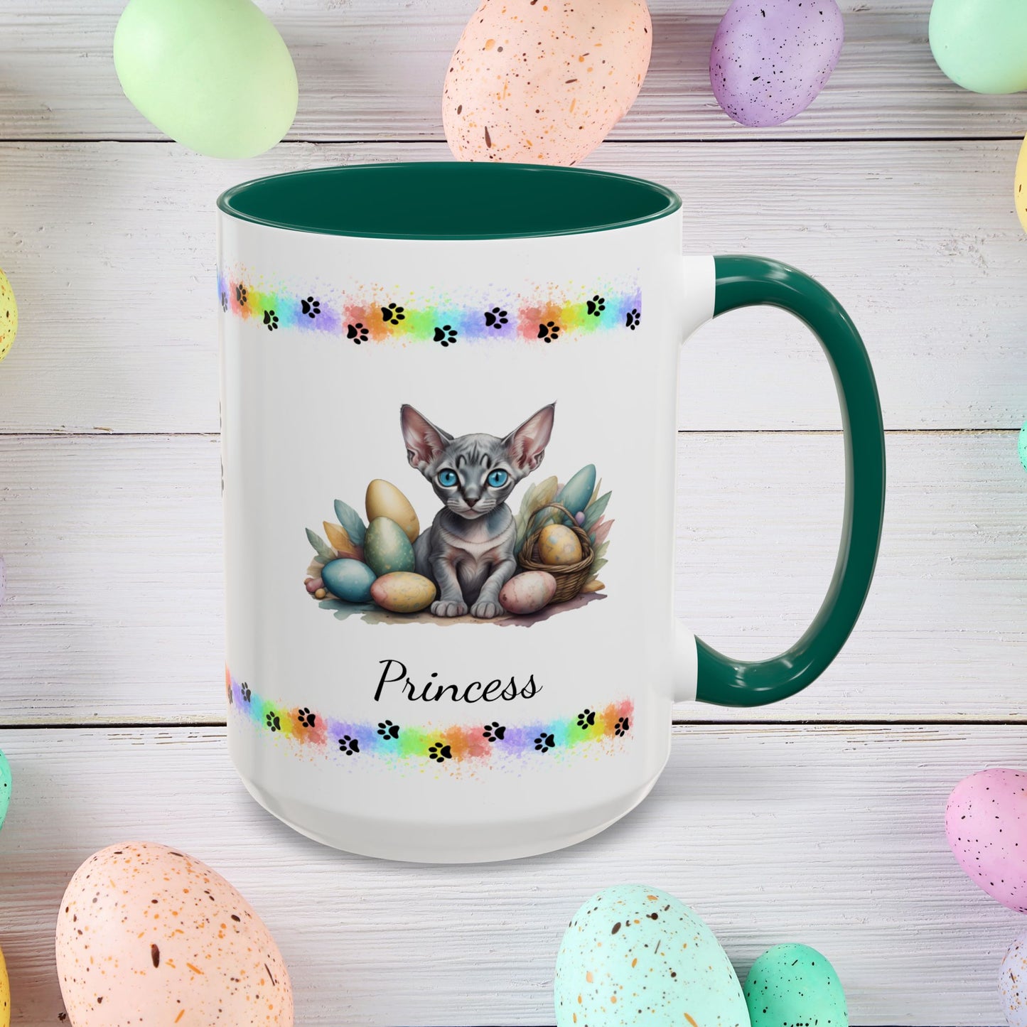 Sphynx personalized Easter coffee mug, adorable kitten design, cute cat gift for mental health support