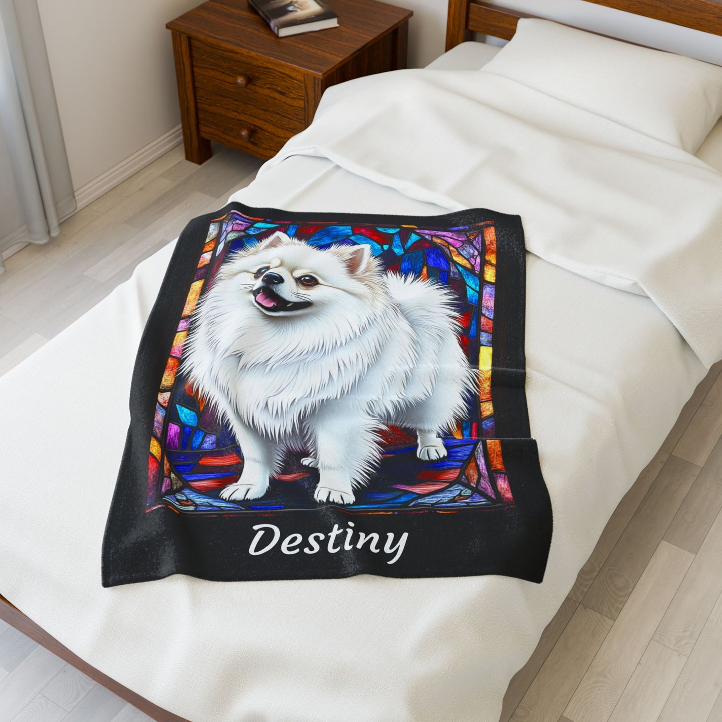 Pomeranian White Coat Blanket, Velveteen Plush Stained Glass Dog Throw, Custom Pet Lover Gift