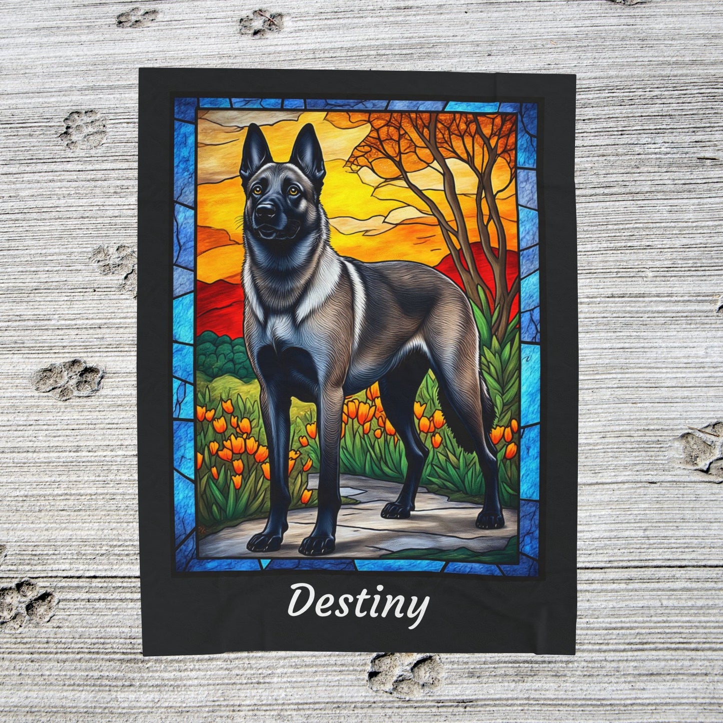 Belgian Malinois gray sable velveteen blanket, stained glass dog throw, personalized pet gift - MySisterIsASurvivor