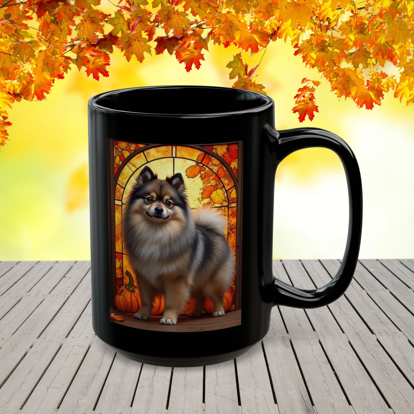 Wolf Sable Pomeranian autumn mug, personalized coffee cup for dog moms, dads, and Pom enthusiasts
