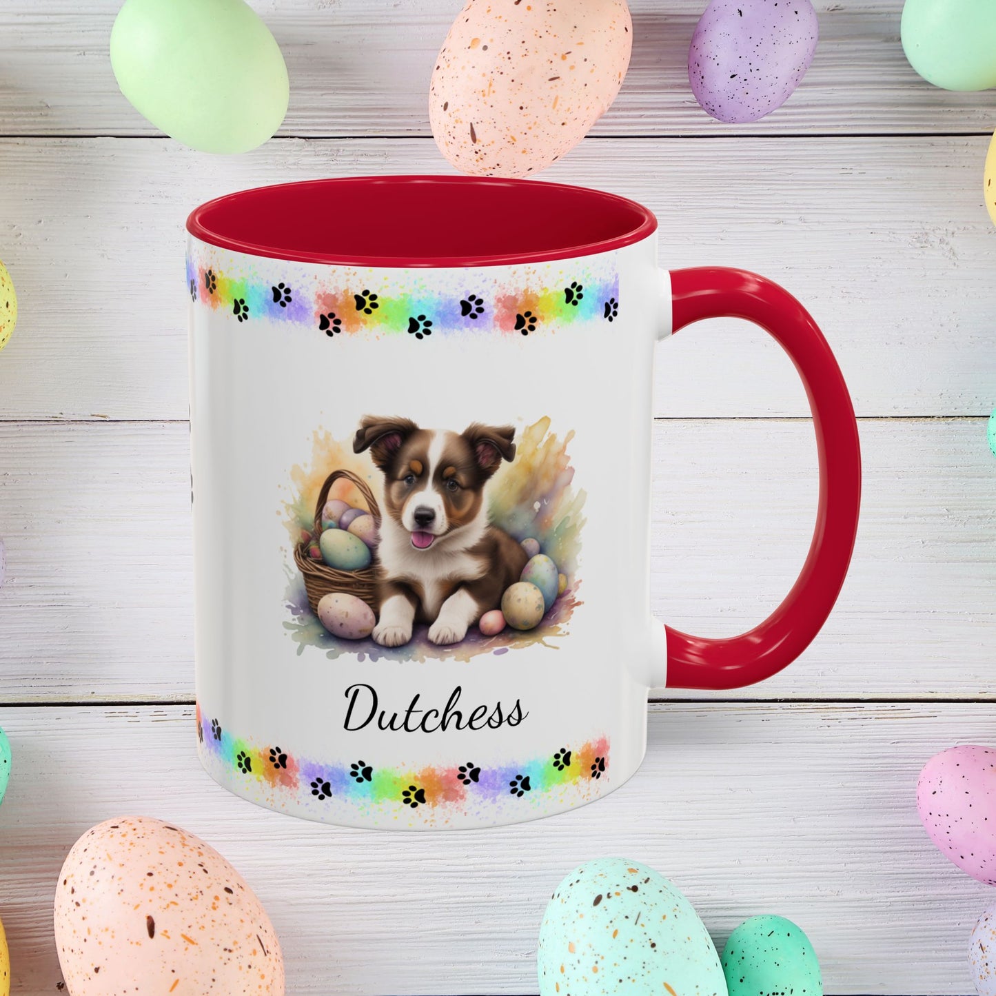 Border Collie Brown & White personalized Easter puppy mug, cute dog coffee cup, mental health awareness gift