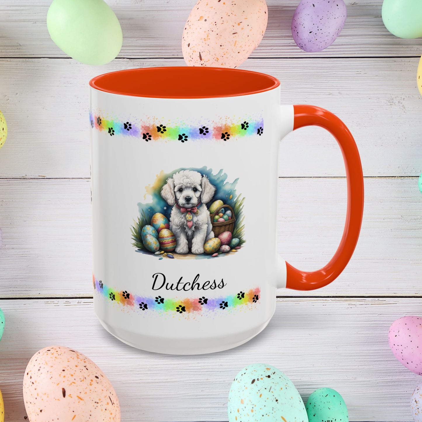 White Poodle Easter puppy coffee mug with custom dog design, perfect Easter gift for pet owners and mental wellness support.