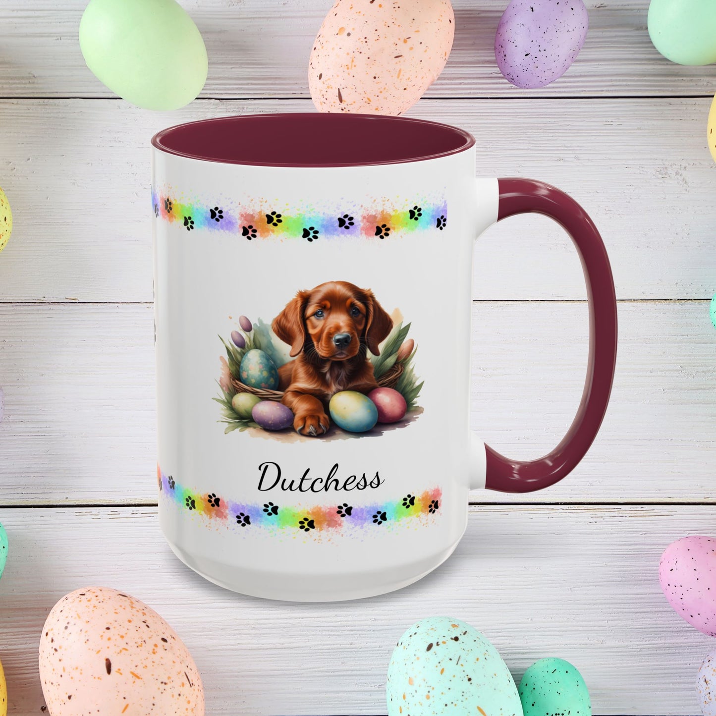 Irish Setter: Personalized Easter Puppy Coffee Mug - Adorable Dog Design, Mental Health Gift, 11oz & 15oz, 12 Color Choices, Easter Gifts & Décor