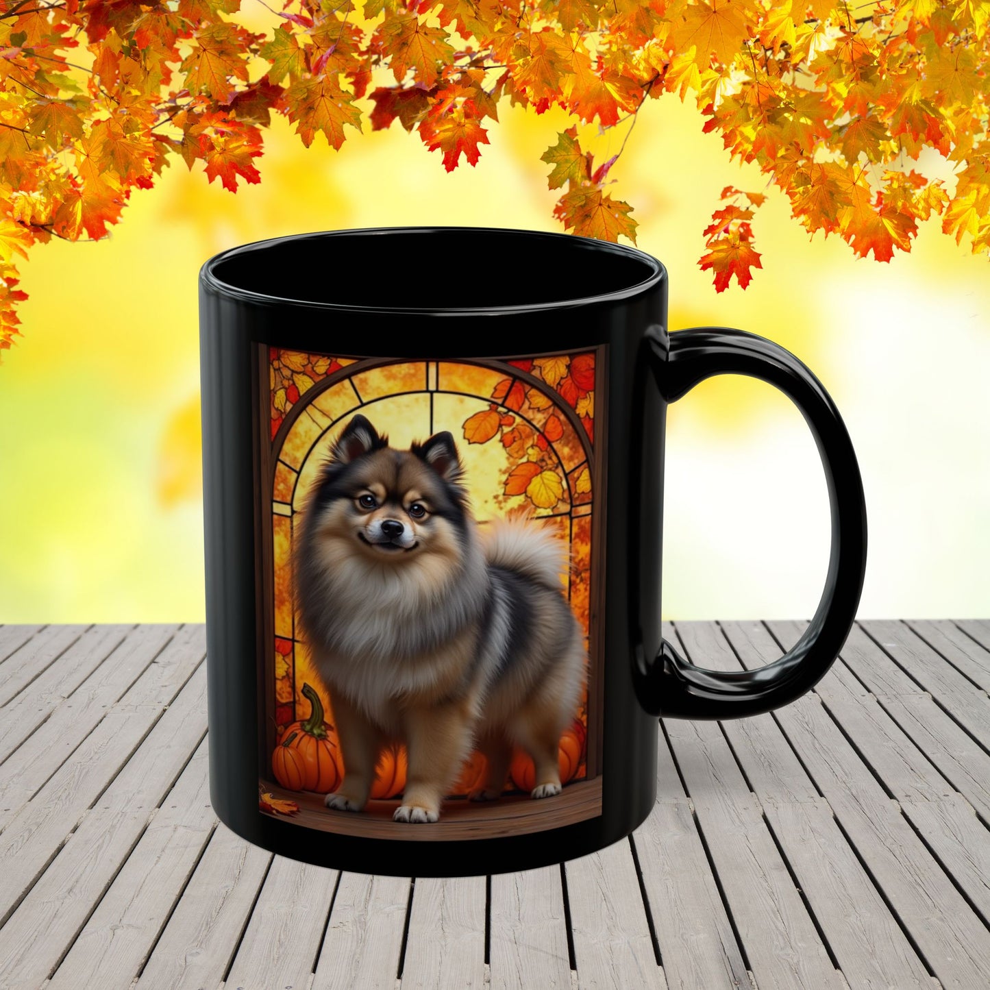 Wolf Sable Pomeranian autumn mug, personalized coffee cup for dog moms, dads, and Pom enthusiasts