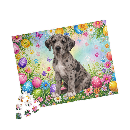 Great Dane (Merle) Easter Puppy Puzzle - Spring Garden with Eggs, Tulips, and Daisies