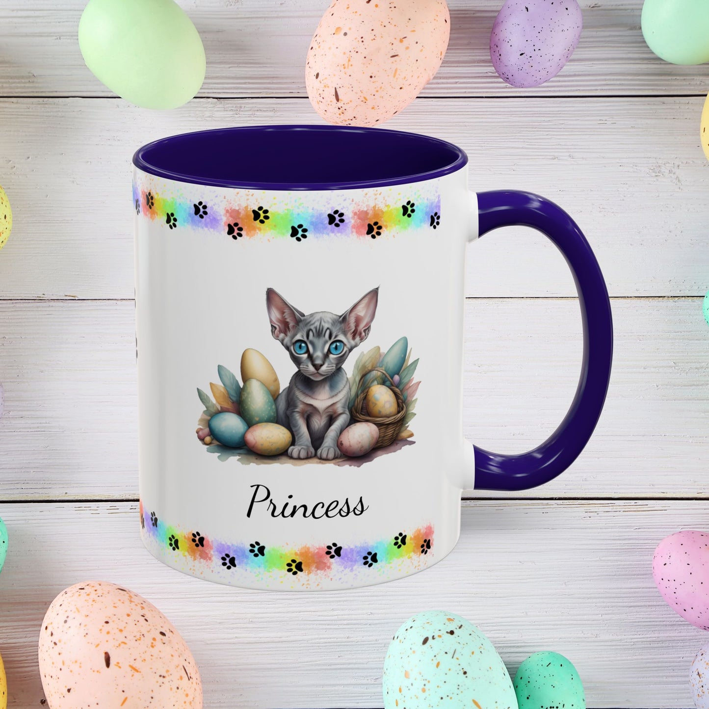 Sphynx personalized Easter coffee mug, adorable kitten design, cute cat gift for mental health support