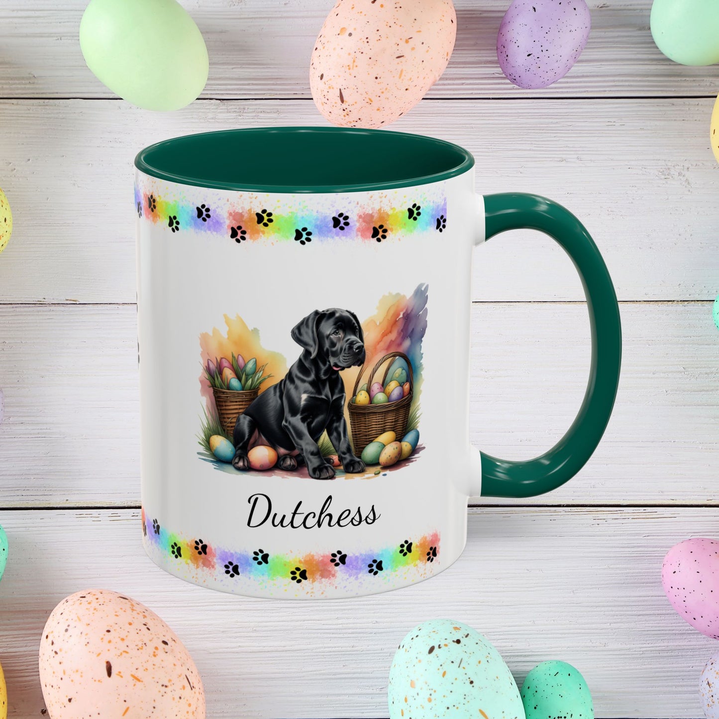 Great Dane Black Easter puppy coffee mug, personalized cute dog gift for mental health support and cozy sipping