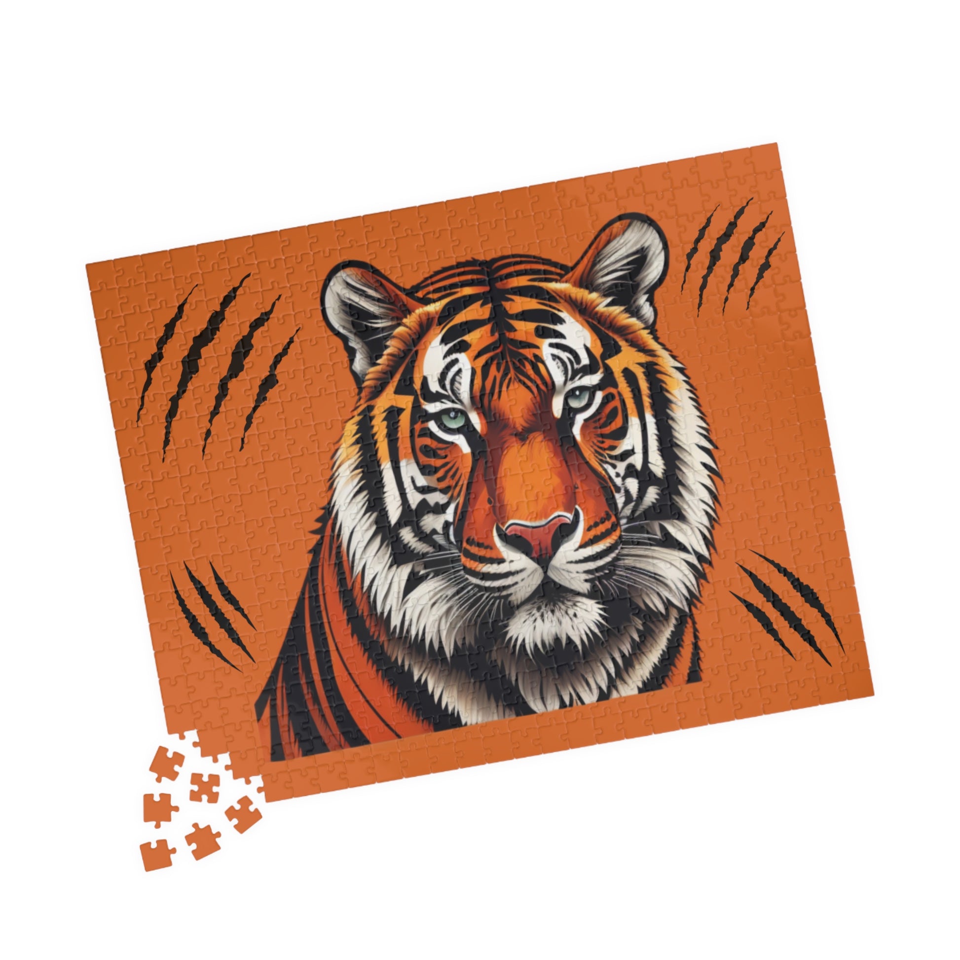 Powerful tiger standing tall in a dynamic pose, captured on a jigsaw puzzle representing bold inner strength
